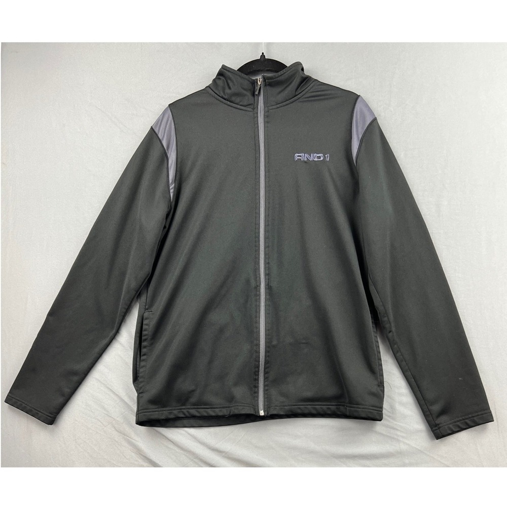 AND1 Track Jacket Mens Medium Full Zip Black Grey Athletic Basketball Fair